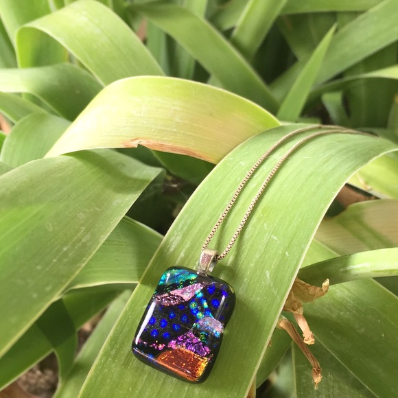 Vintage Jewelry - Glass Multicolor Glitter Square Necklace Pendant